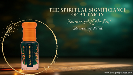 An elegant bottle of Jannet Al Firdous attar displayed against a vibrant green background with golden sparkles, emphasizing the spiritual significance of attar in Ramzan.
