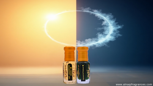 Day vs. Night Fragrances: AlNaqi Fragrance® highlights 'Red Rose' for daytime and 'Musk Al Modern' for evening, featuring floral and rich notes.