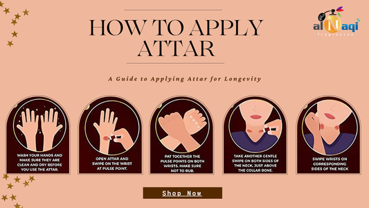 Step-by-step guide on how to apply attar for long-lasting fragrance: clean hands, apply to wrists, pat gently, and apply to neck. Al Naqi Fragrances.