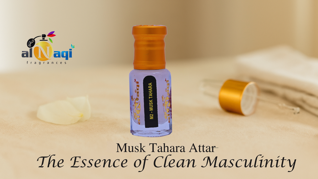 Musk Tahara Attar bottle placed on a soft beige linen surface with white rose petals and natural daylight, symbolizing purity, freshness, and non-alcoholic perfume for men