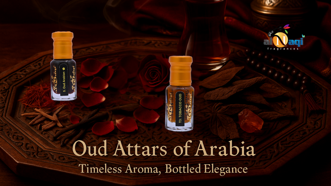 Flat-lay of luxurious oud attar bottles on a velvet background with saffron, rose petals, tobacco leaves, and incense smoke — showcasing Arabian aroma perfumes.