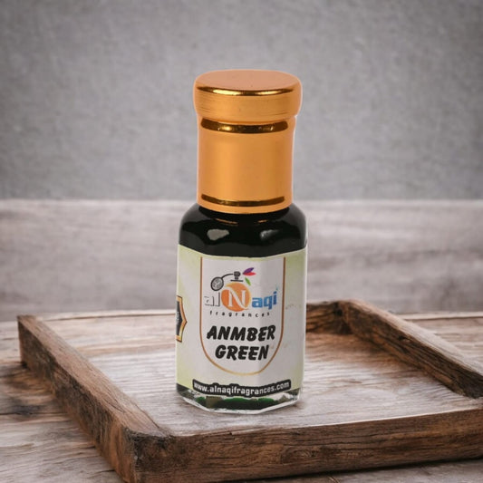 Alnaqi Amber Green Attar bottle with elegant design
