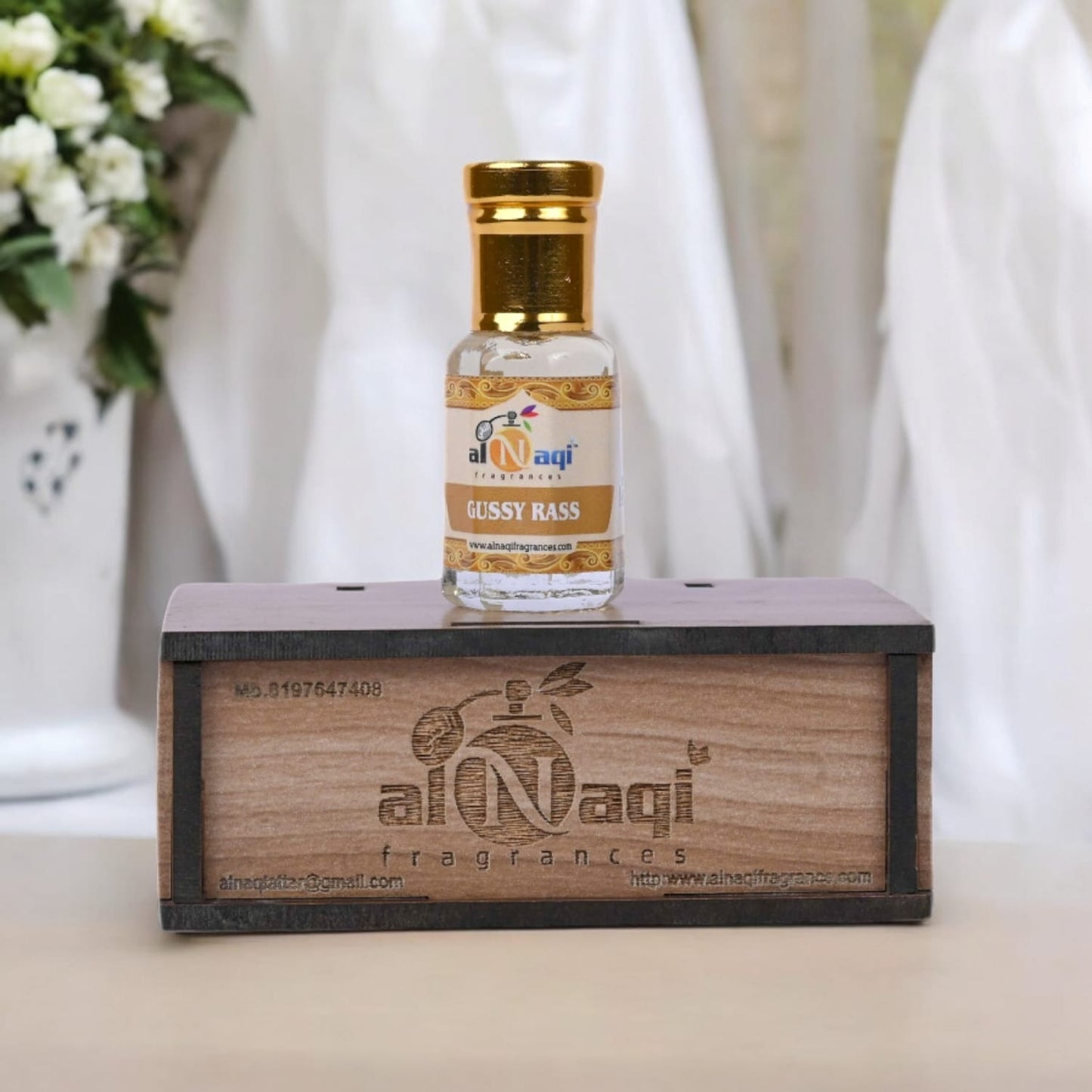 Close-up view of Alnaqi Madeena Attar highlighting its luxurious design.