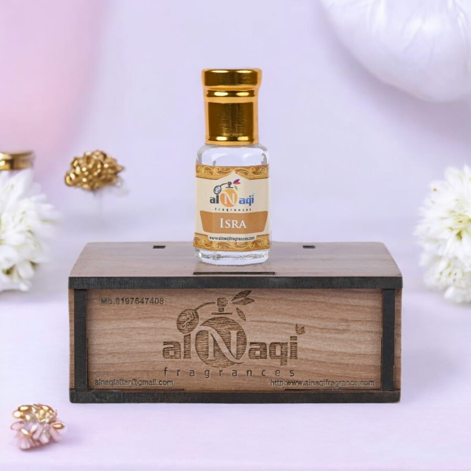 Close-up of a refined attar bottle with a stylish cap and delicate details.