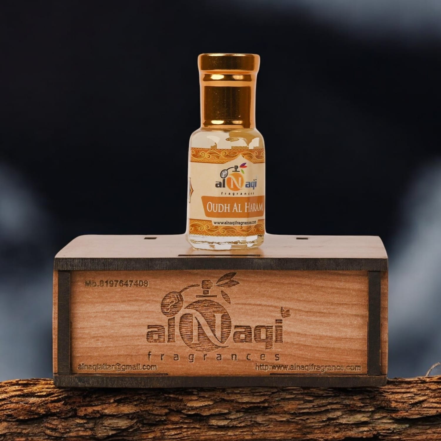 Luxurious oud fragrance bottle with a dark amber color