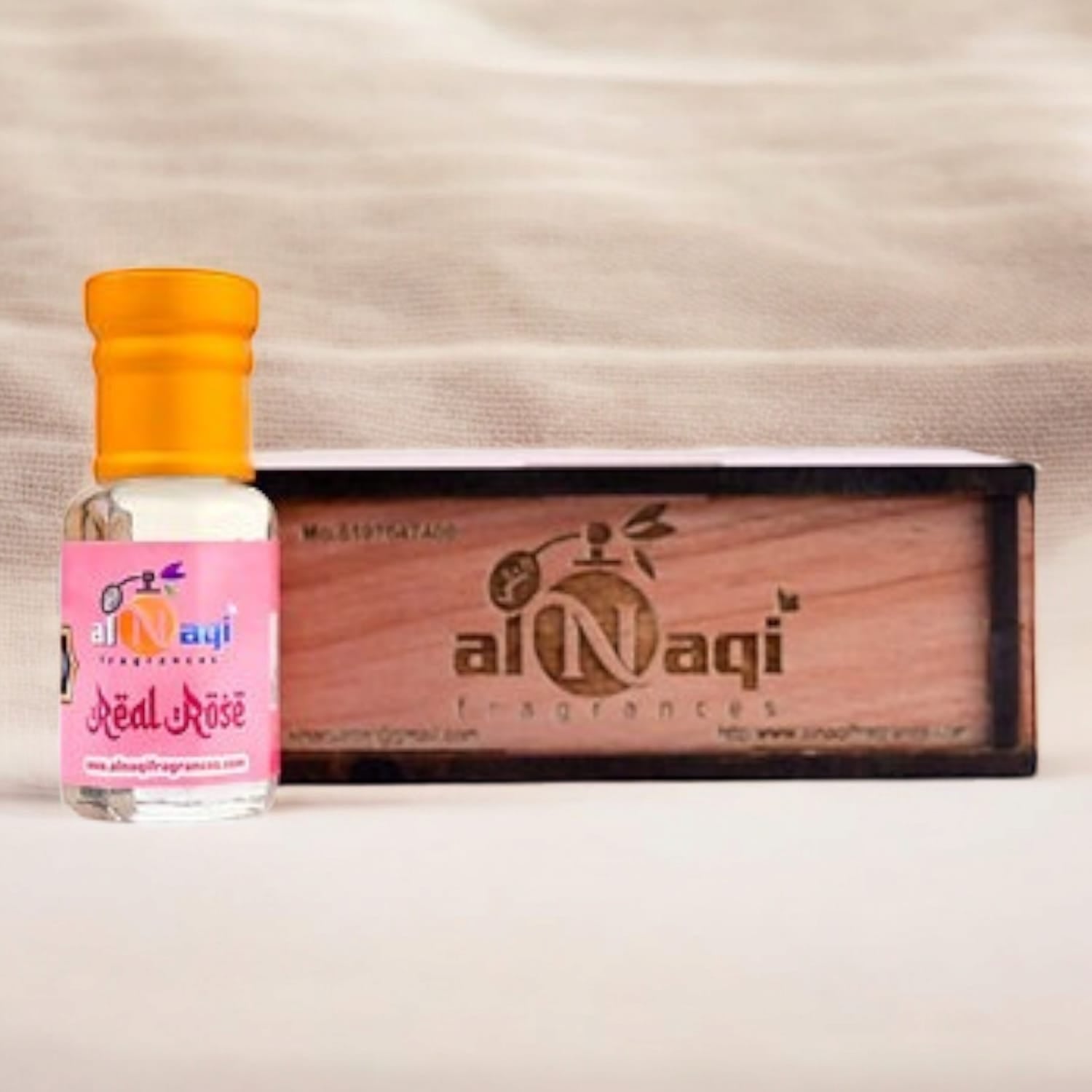 Detailed shot of the rose essence attar packaging
