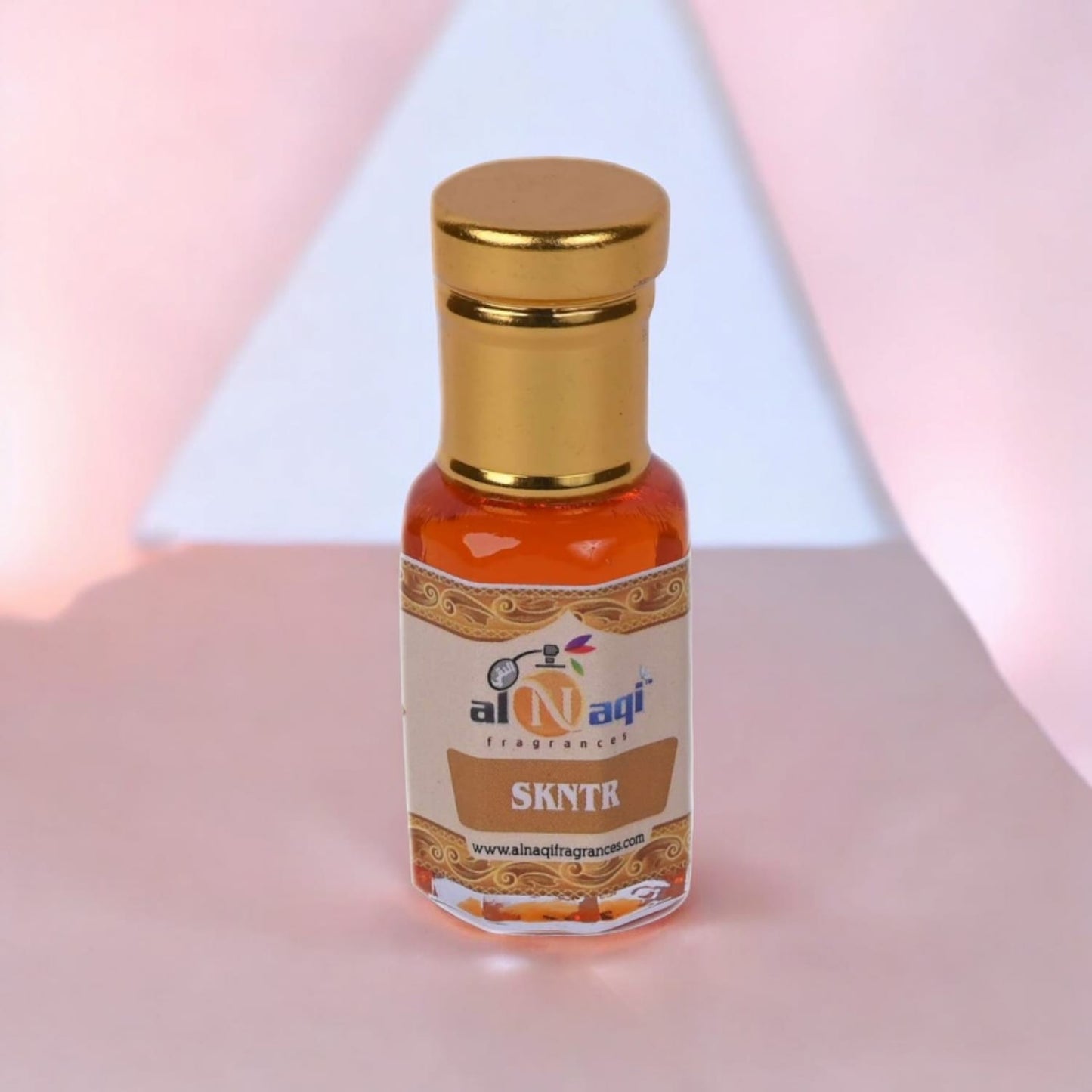 Elegant perfume bottle on a polished wooden surface