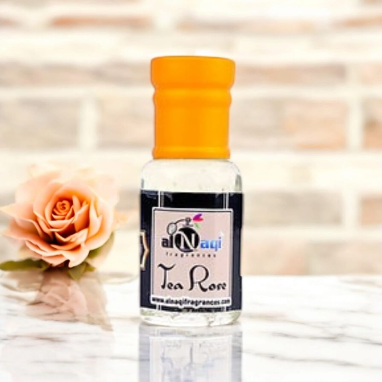 Close-up of Alnaqi Tea Rose Essence fragrance details