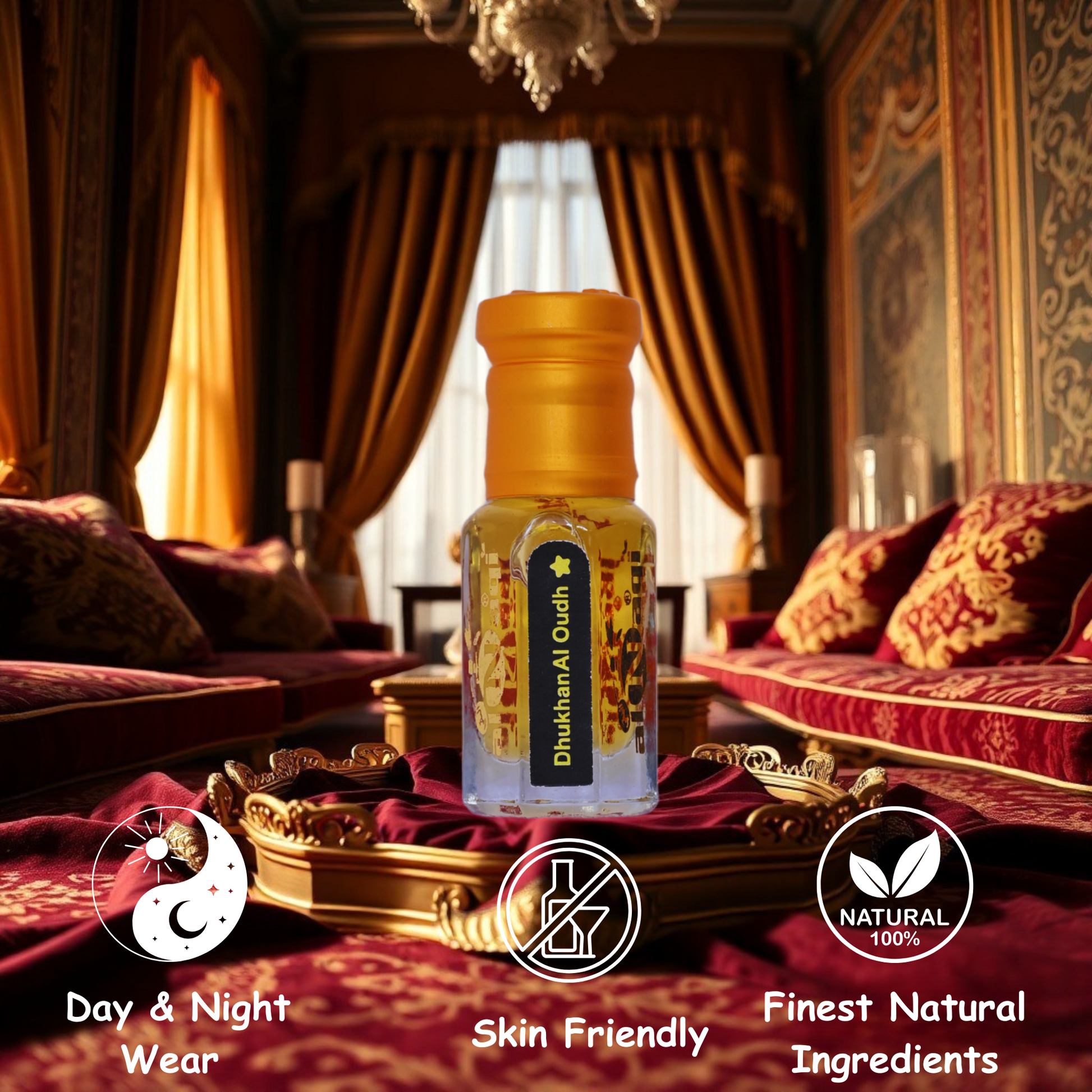 A beautifully crafted perfume bottle surrounded by oud wood chips.