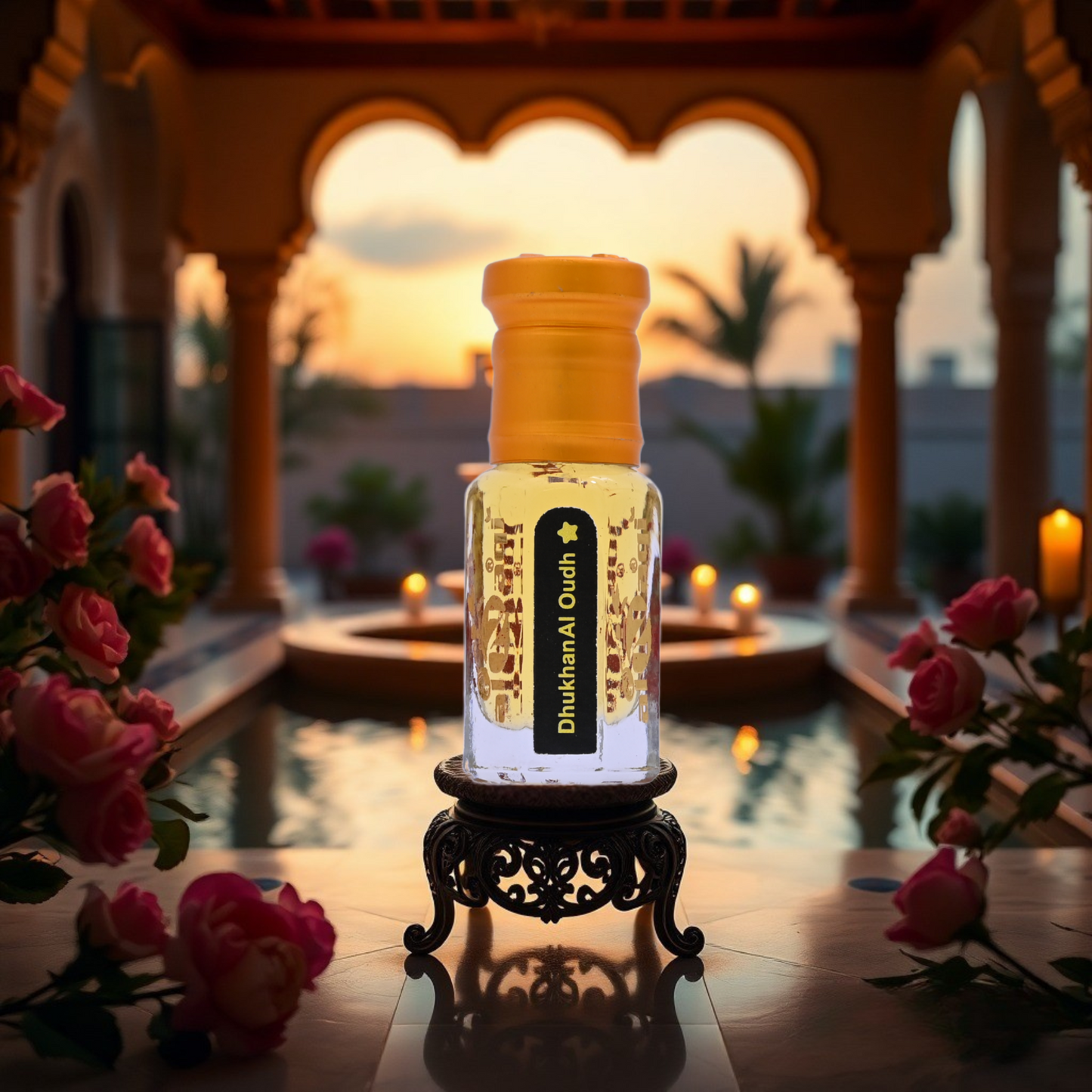 A rich and smoky fragrance bottle placed elegantly on a wooden surface.