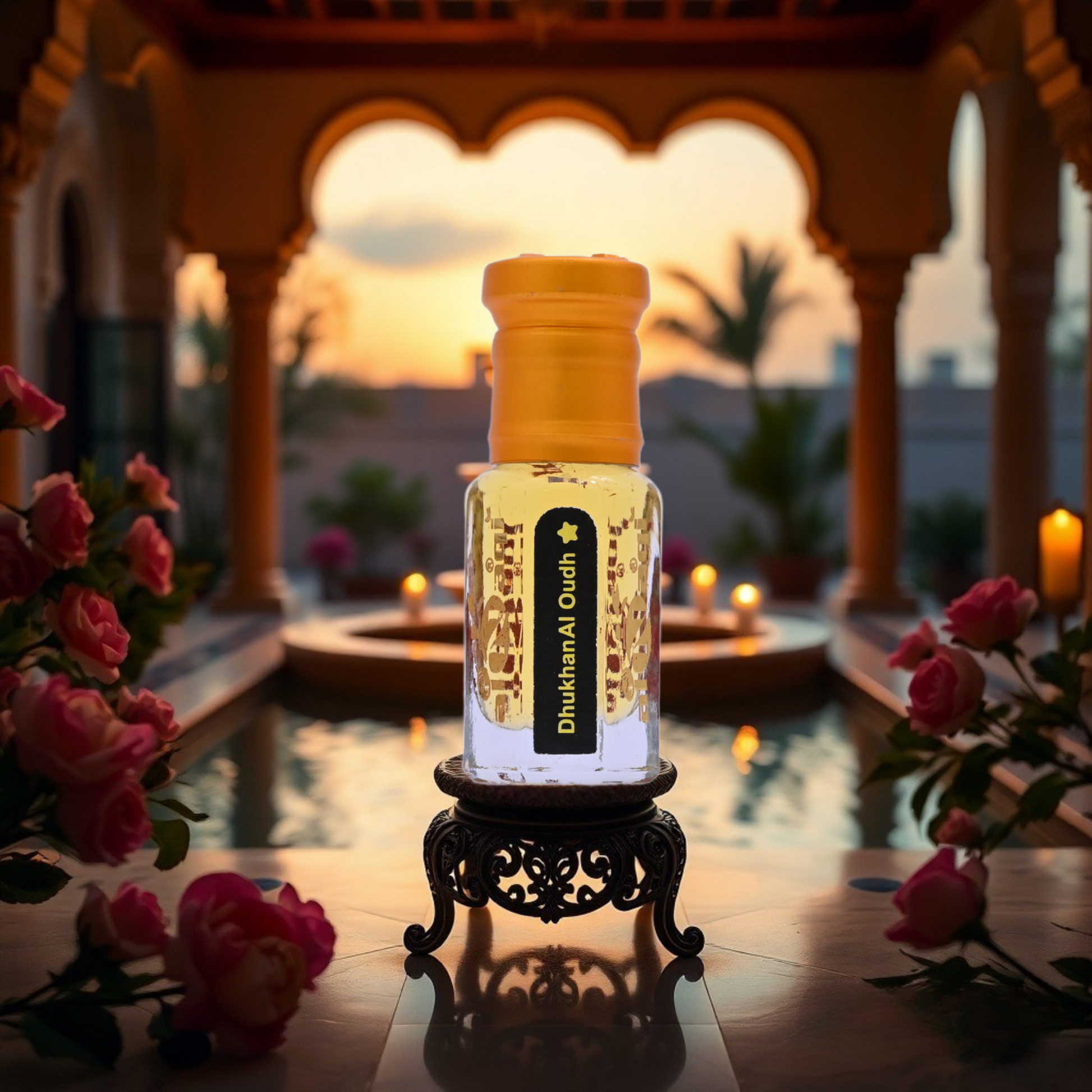 A rich and smoky fragrance bottle placed elegantly on a wooden surface.