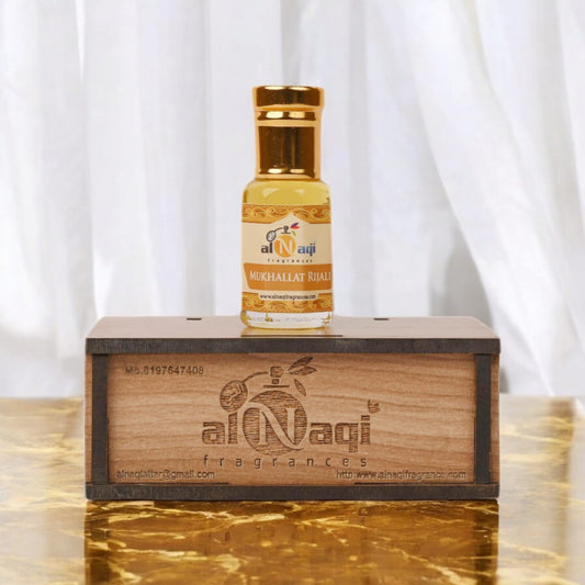 Close-up of Mukhallat Rijali attar highlighting rich, amber color