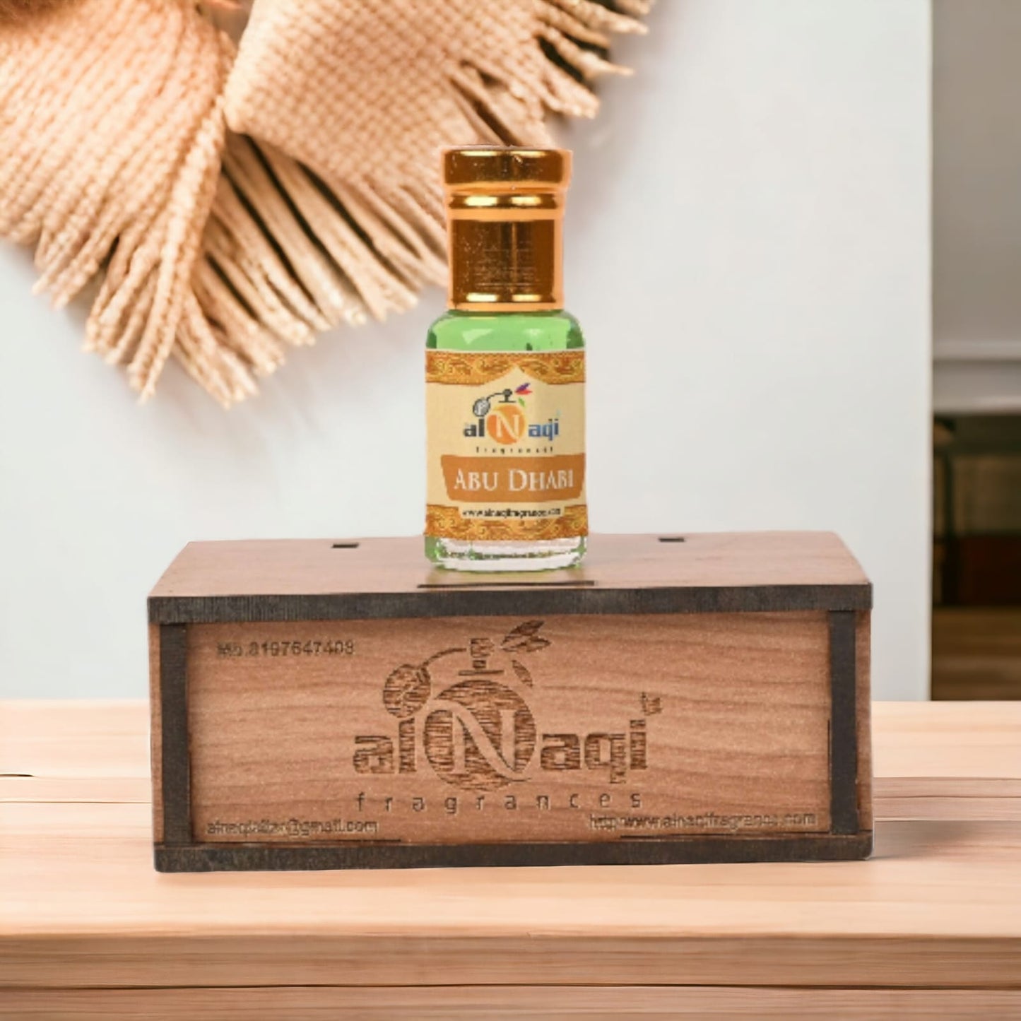 Detailed view of a perfume bottle with floral and woody elements