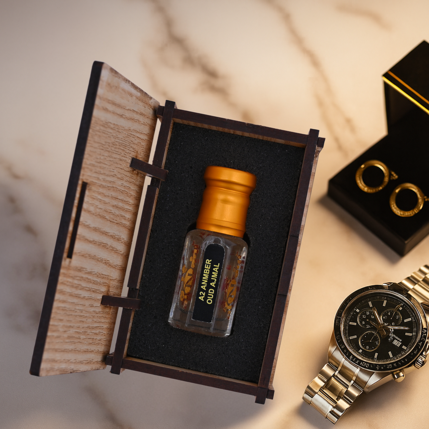 Designer fragrance bottle placed on a wooden background
