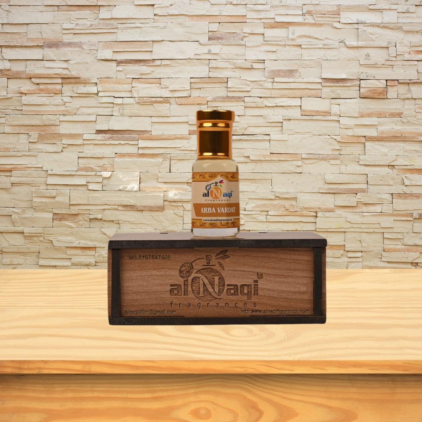 Close-up of the elegant Arba Vardat attar bottle with intricate design details.