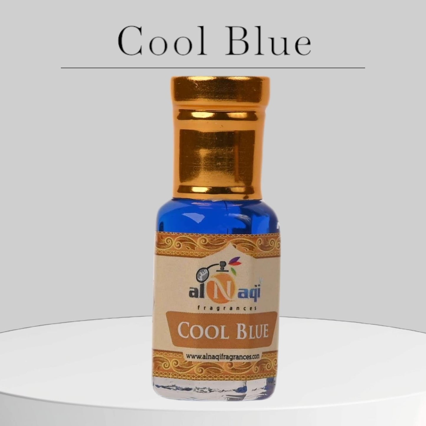Elegant perfume bottle with blue and silver accents