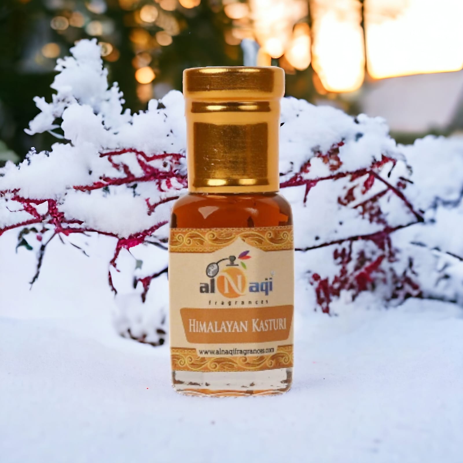 Close-up of rich amber liquid inside Himalayan Kasturi Attar bottle.