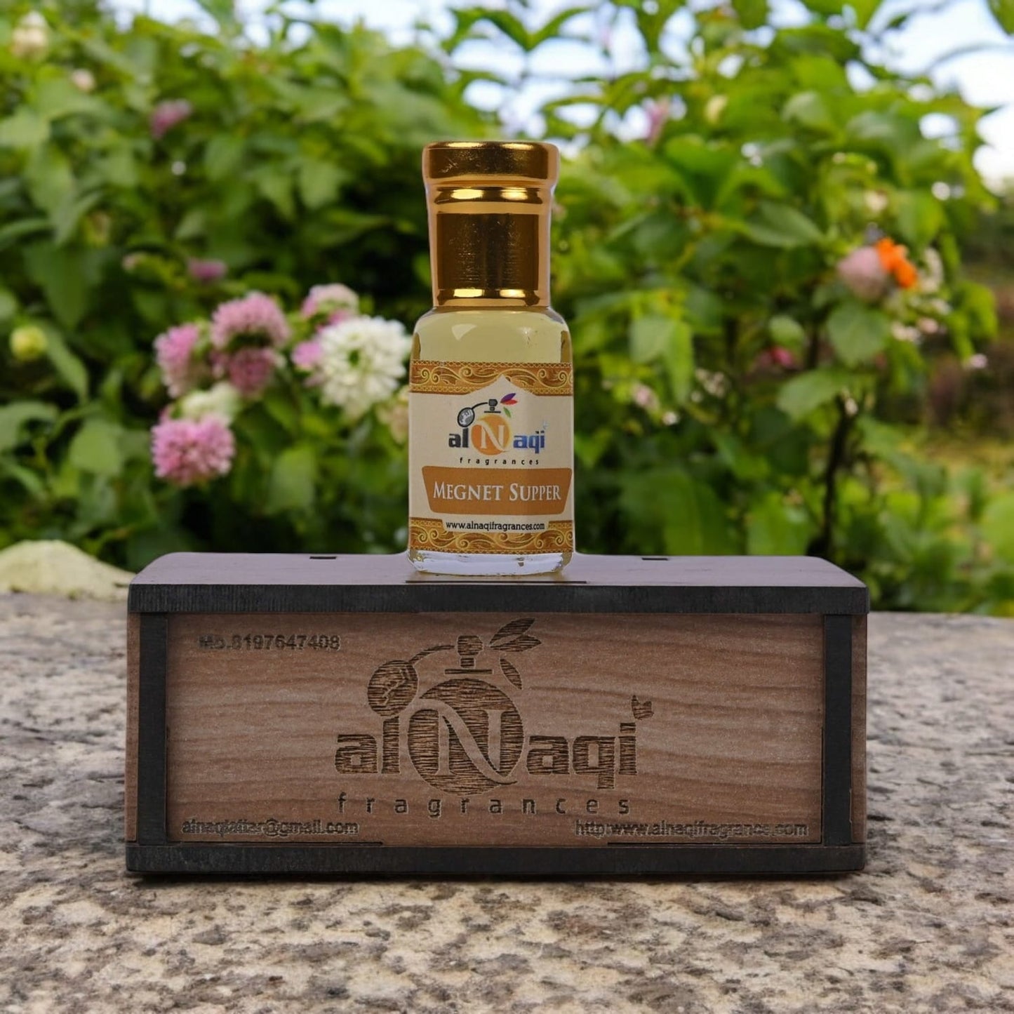 Elegant bottle of rich, exotic perfume oil on a stylish display