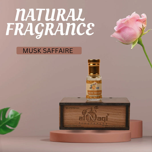 Elegant glass bottle of Alnaqi’s signature fragrance with intricate gold detailing