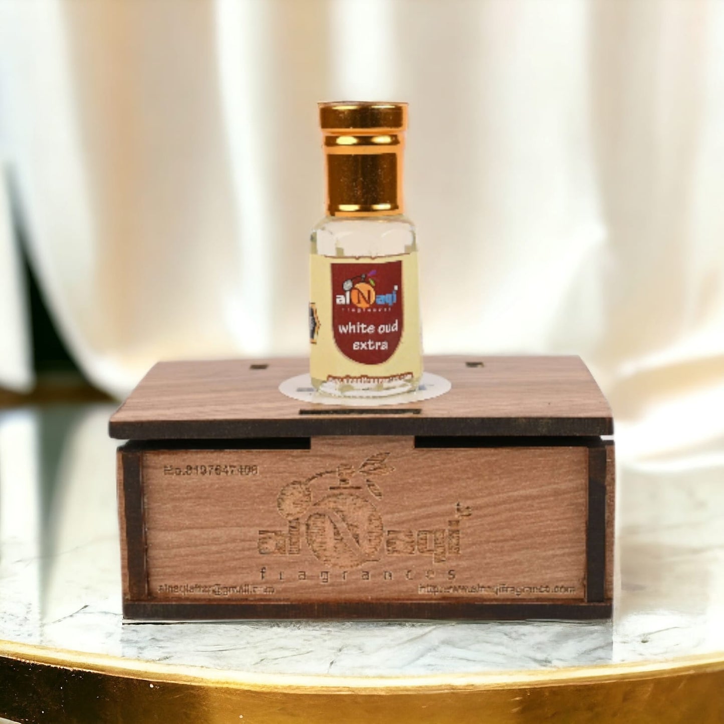 Premium aromatic blend of oud with smoky accents in a glass vial