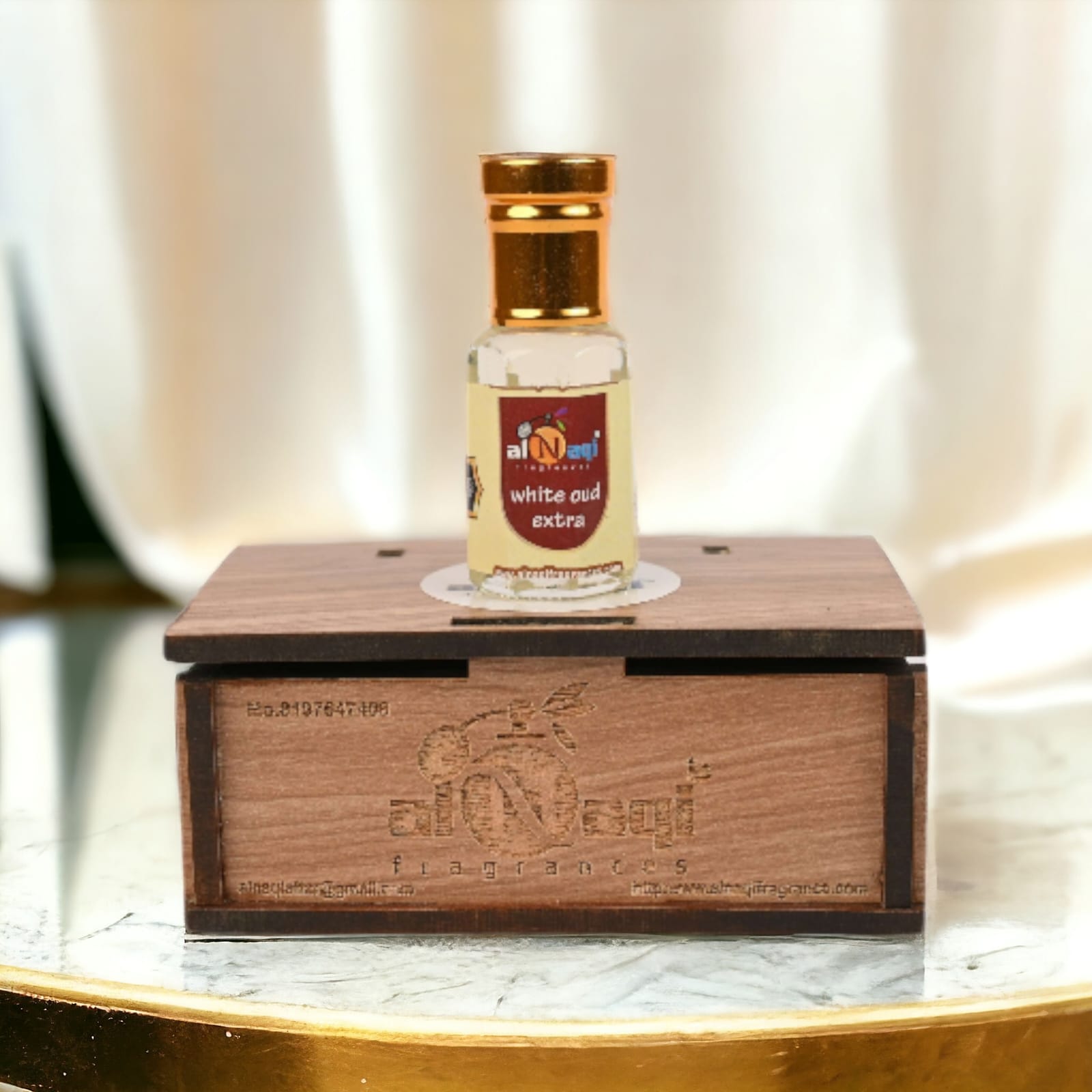 Premium aromatic blend of oud with smoky accents in a glass vial