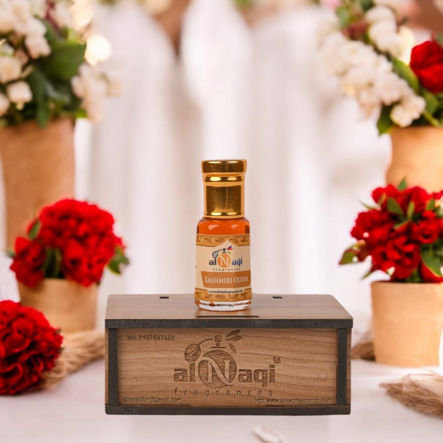 Elegant bottle of premium Kashmiri oud attar showcasing intricate design details.