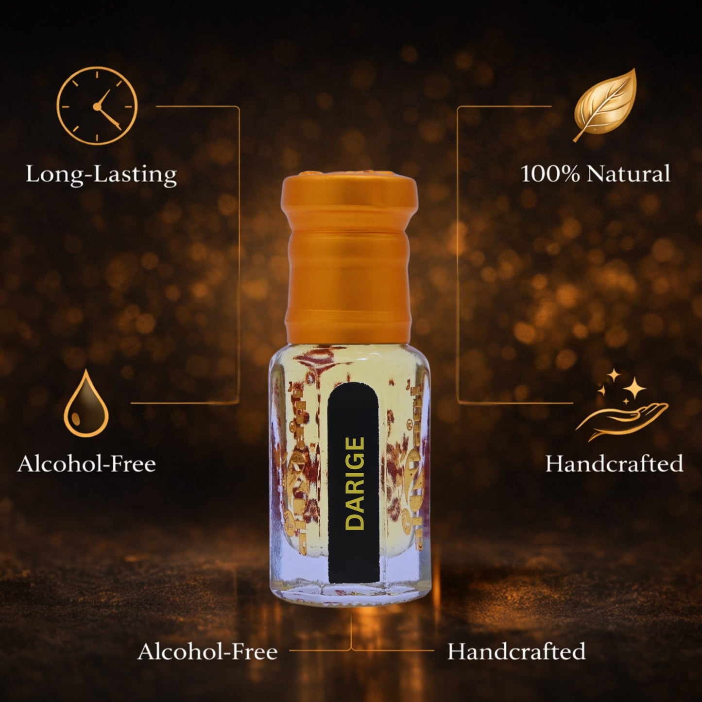 Darige perfume bottle with features highlighted on a dark background