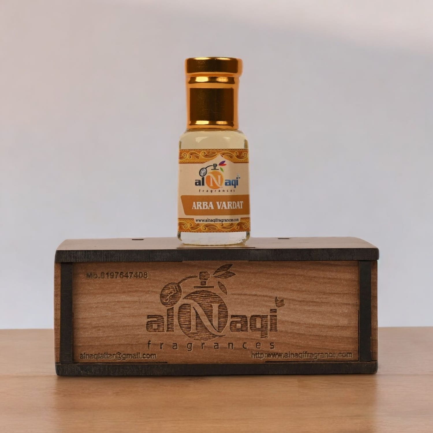 Sophisticated packaging of Arba Vardat attar with a focus on premium quality.