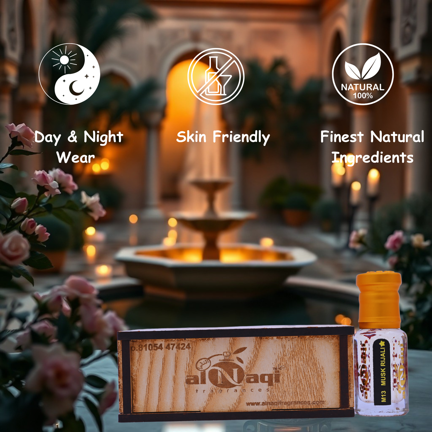 A luxurious roll-on fragrance bottle placed on an elegant wooden surface