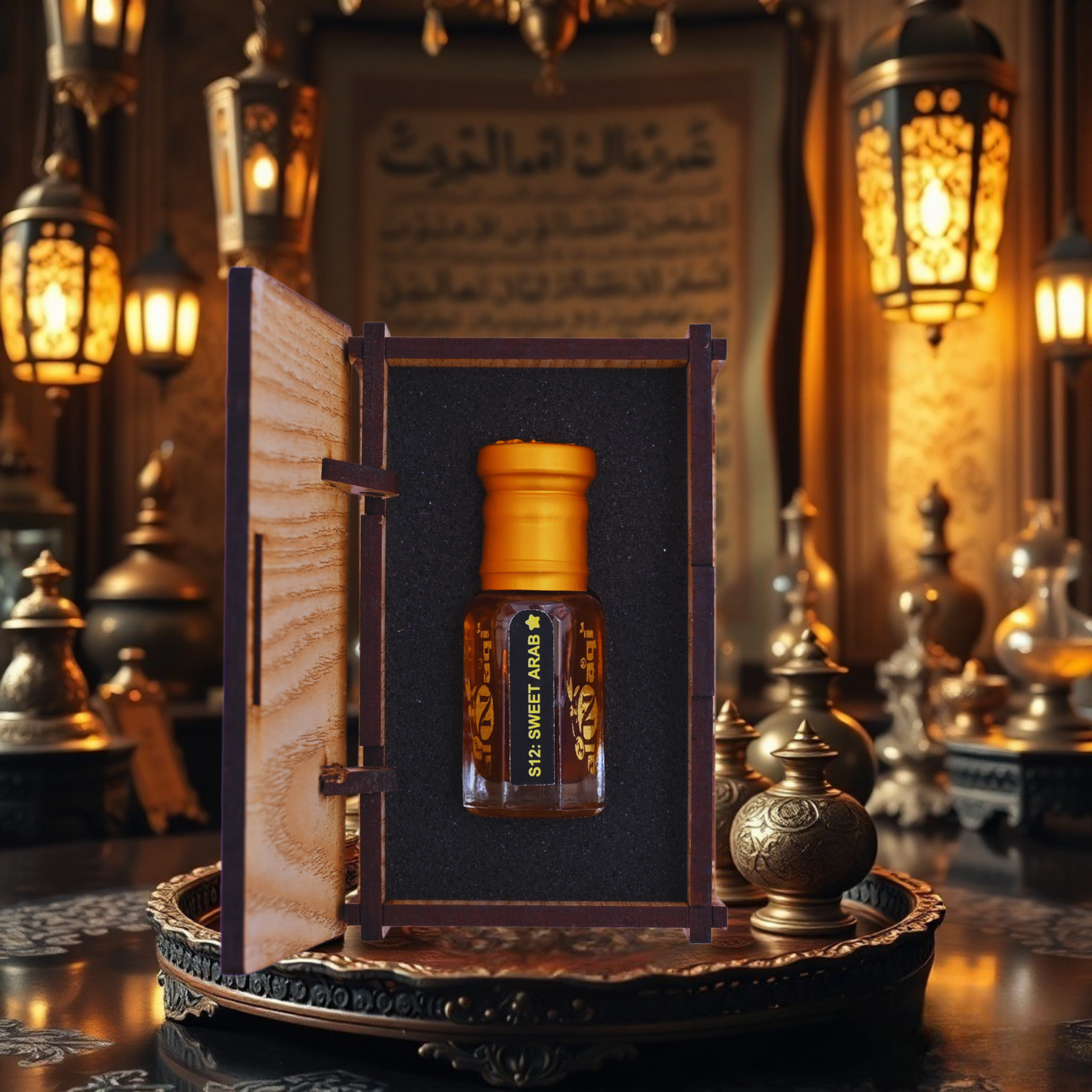 A beautifully crafted roll-on fragrance bottle placed on an elegant wooden tray.