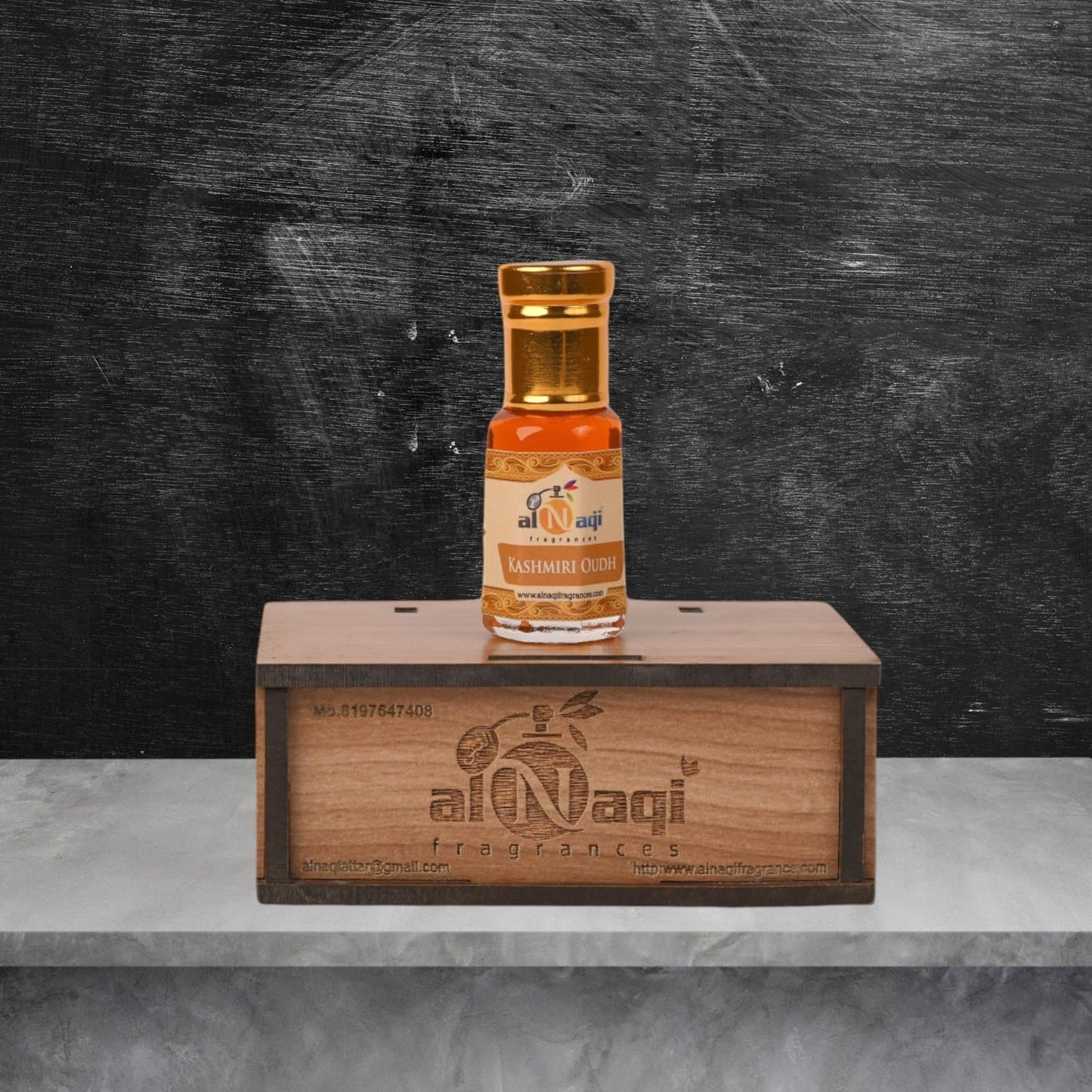 Luxury fragrance with deep, woody notes presented in a sophisticated glass container.