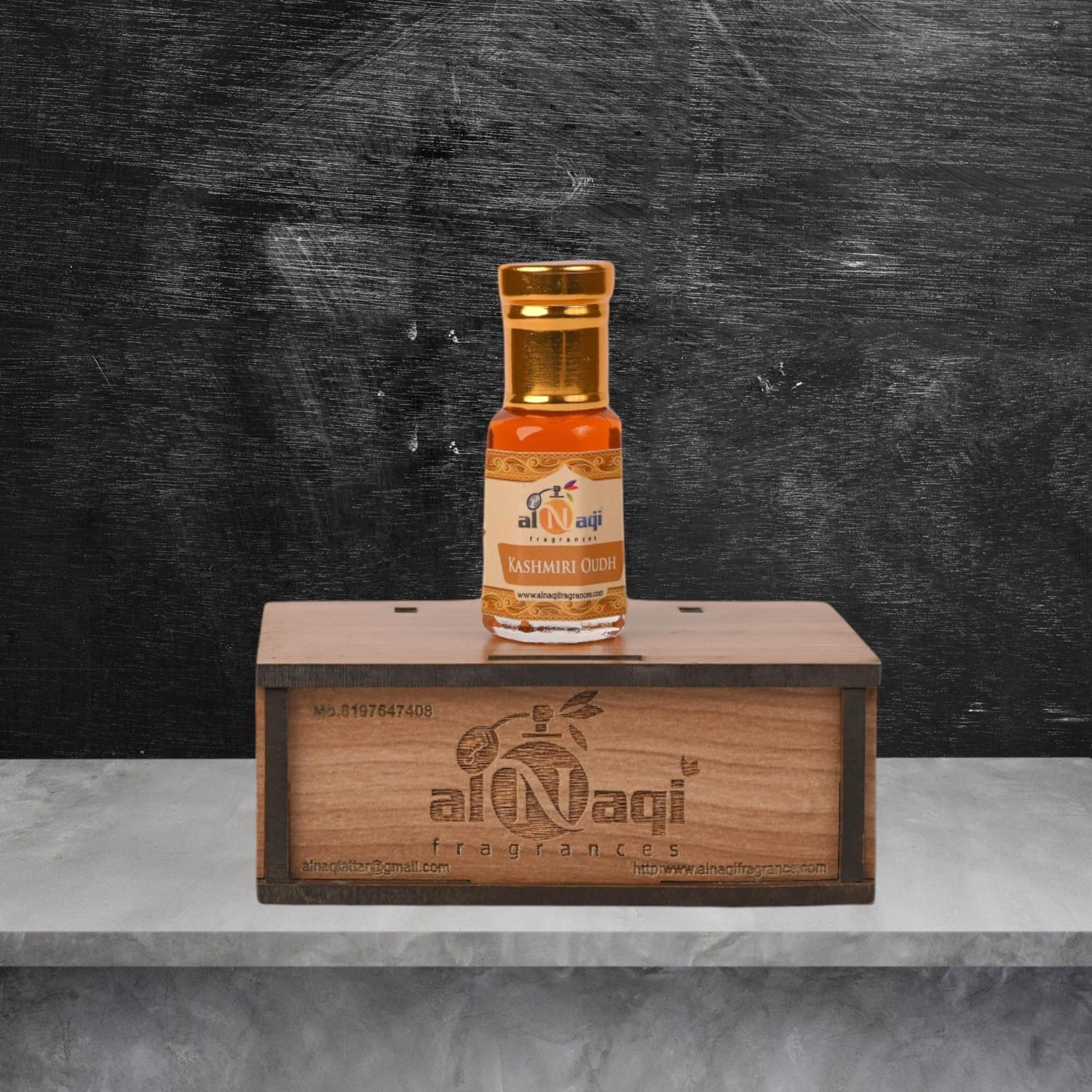 Luxury fragrance with deep, woody notes presented in a sophisticated glass container.