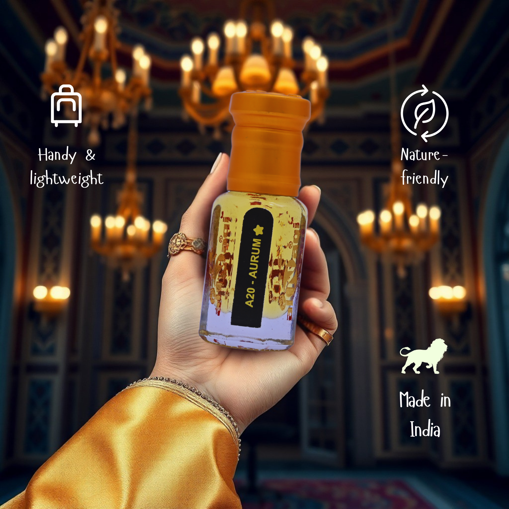 Elegant fragrance bottle with a radiant golden glow