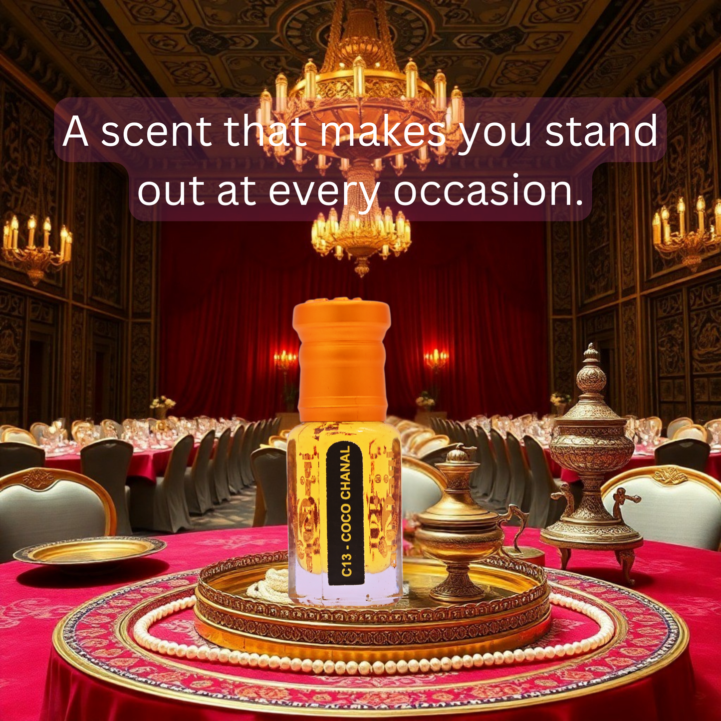 An enchanting fragrance bottle surrounded by exotic floral and spicy notes, evoking a sense of luxury and charm.