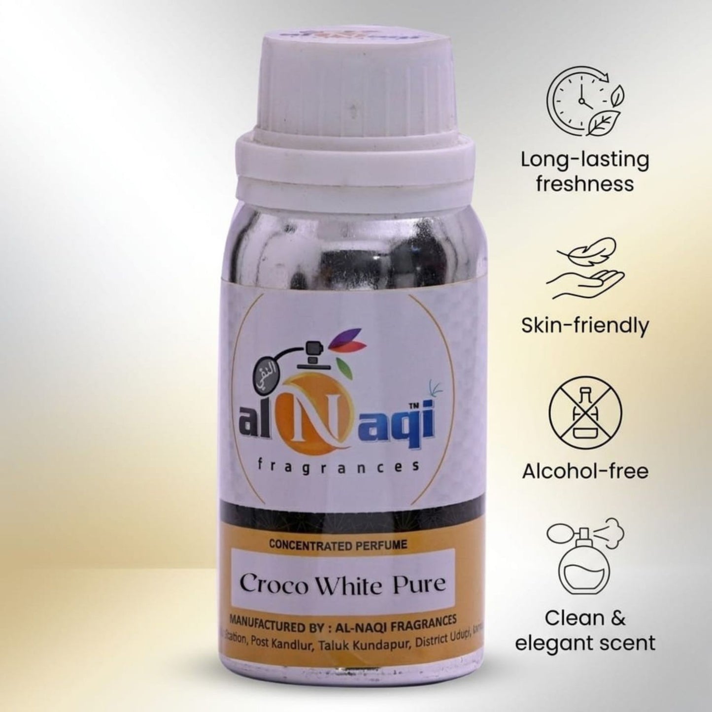 Bottle of Croco White Pure perfume by al-Naqi on a gradient background with product features listed.