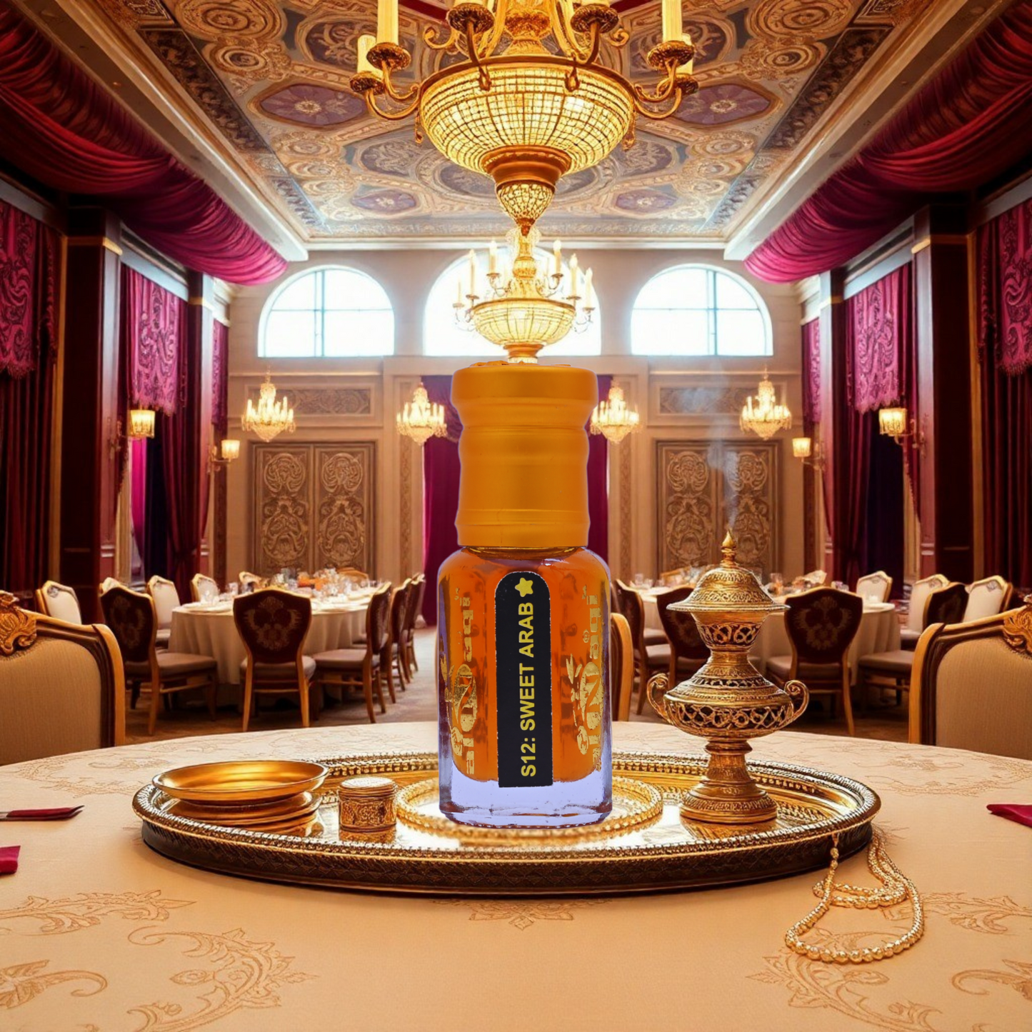 A luxurious perfume essence with rich, warm notes captured in a glass container.