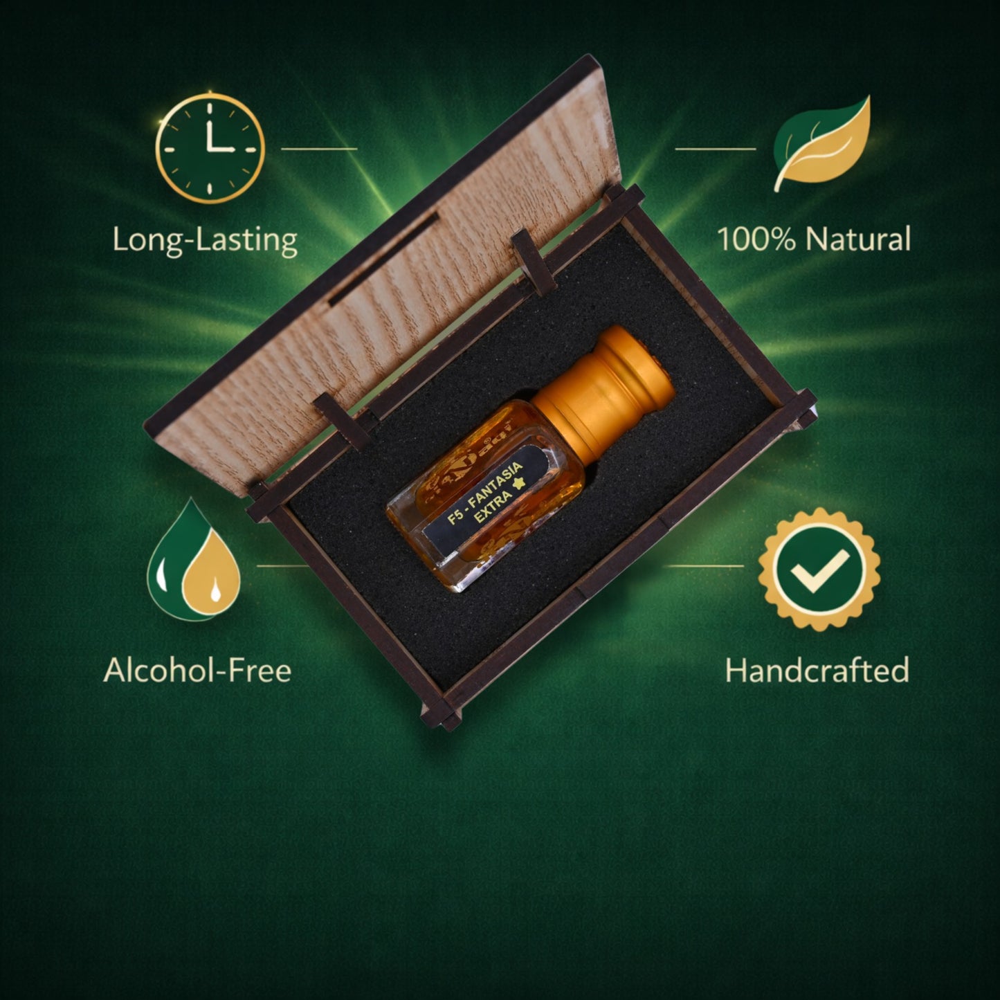 Richly crafted attar bottle with delicate golden cap