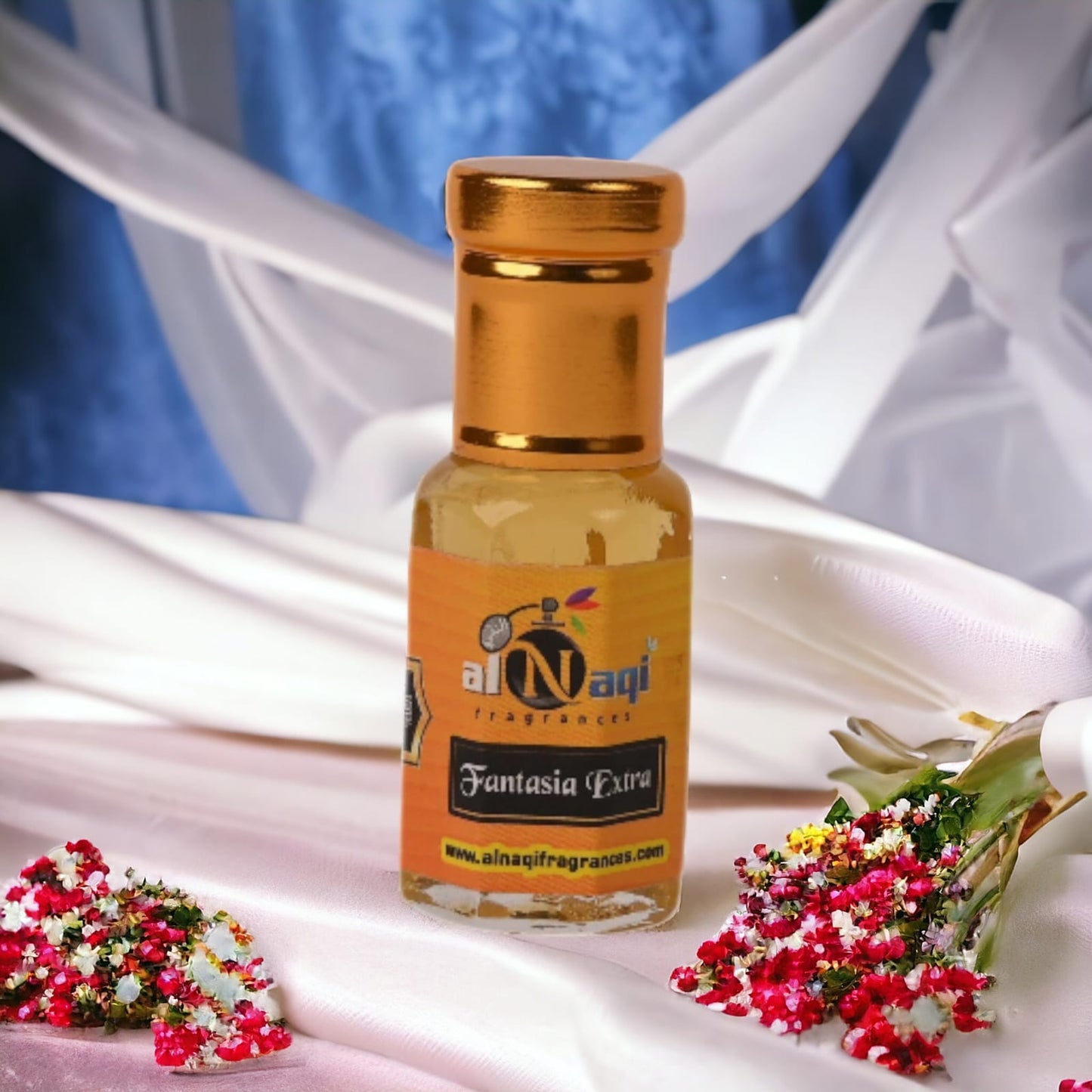 Attar bottle surrounded by exotic spices and delicate flowers