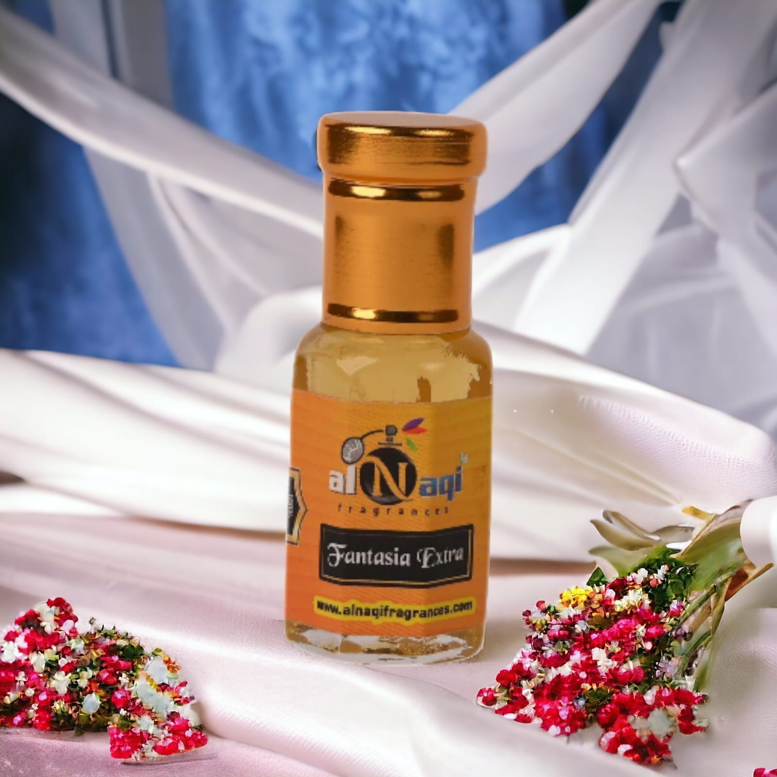 Attar bottle surrounded by exotic spices and delicate flowers
