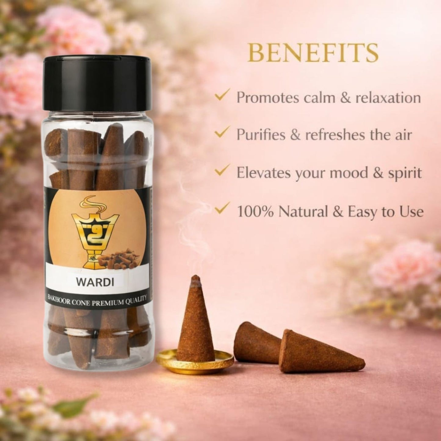Jar of Wardi incense cones with benefits listed on a blurred floral background