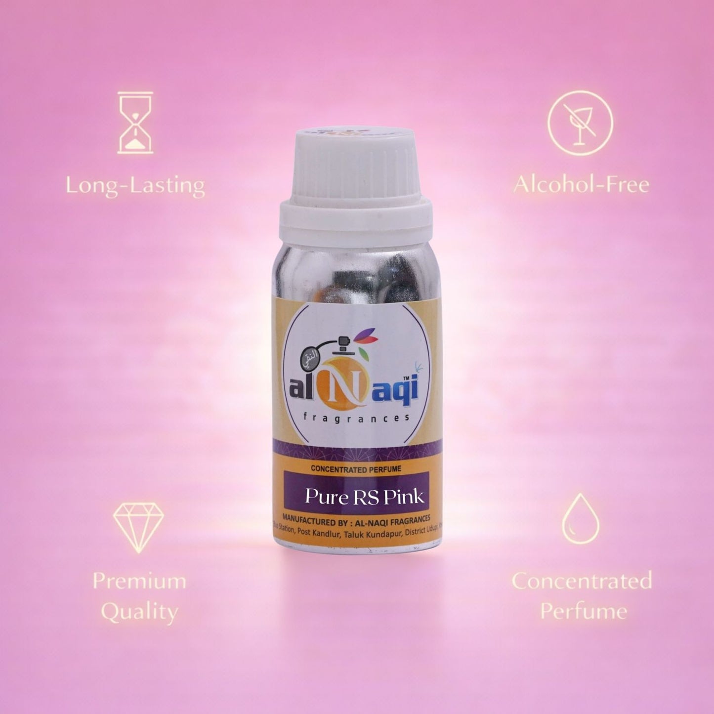 Perfume bottle with 'al-Naqi' branding on a pink background