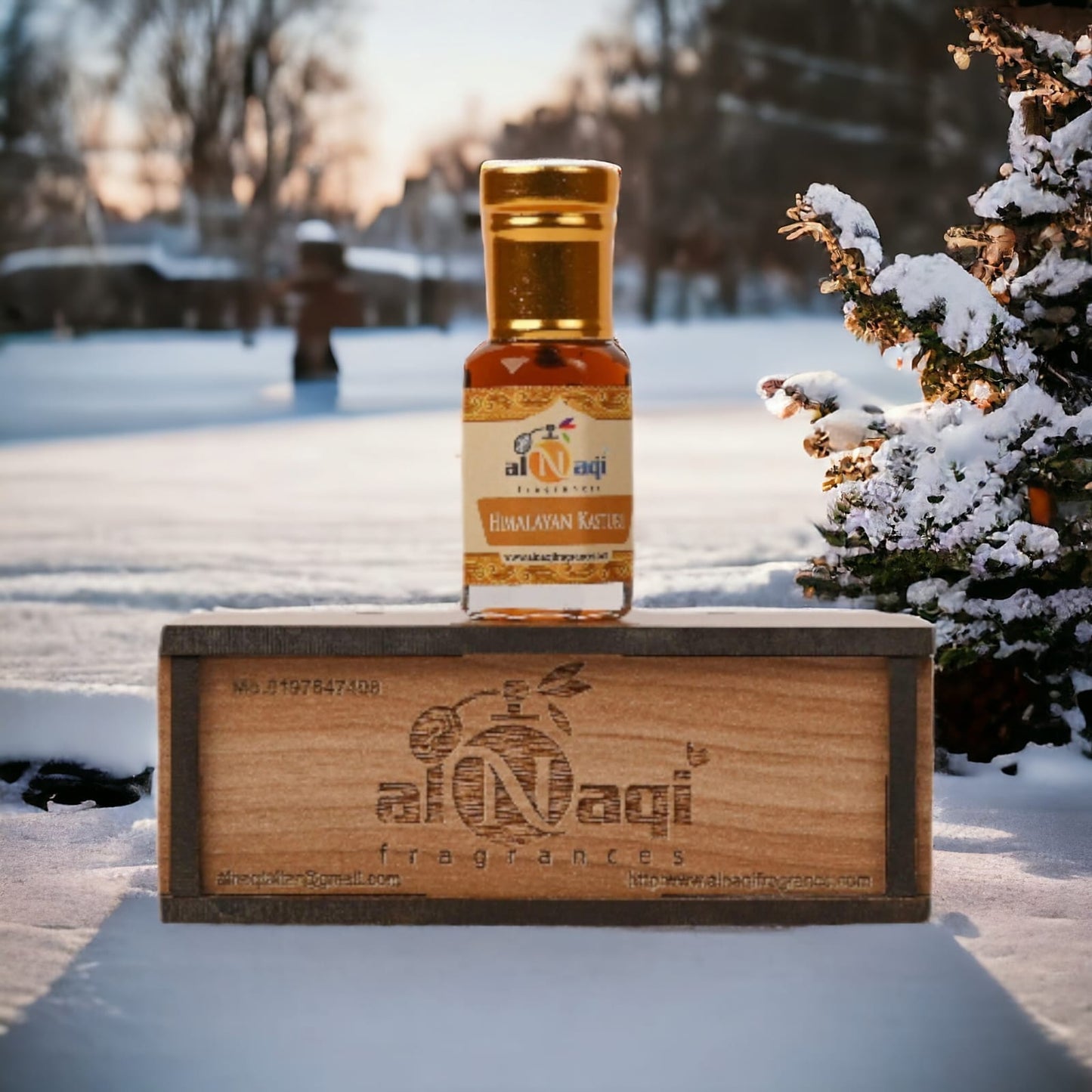 Luxurious packaging of Himalayan Kasturi Attar with a mountain-inspired design.