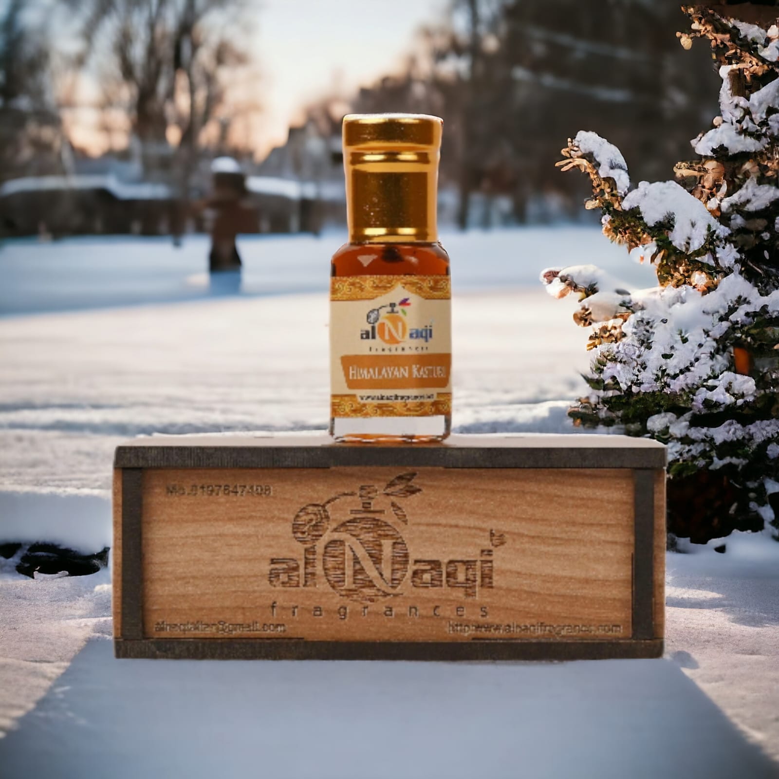 Luxurious packaging of Himalayan Kasturi Attar with a mountain-inspired design.