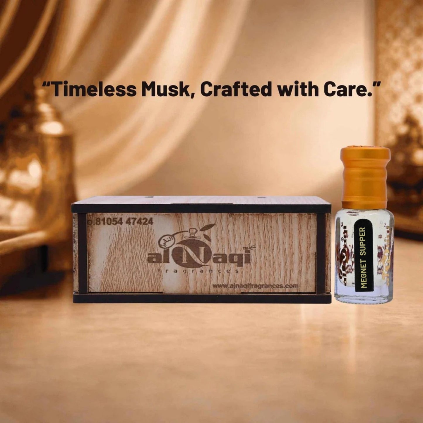 alNaqi perfume bottle and packaging with 'A touch of Arabian luxury' text on a warm-toned background
