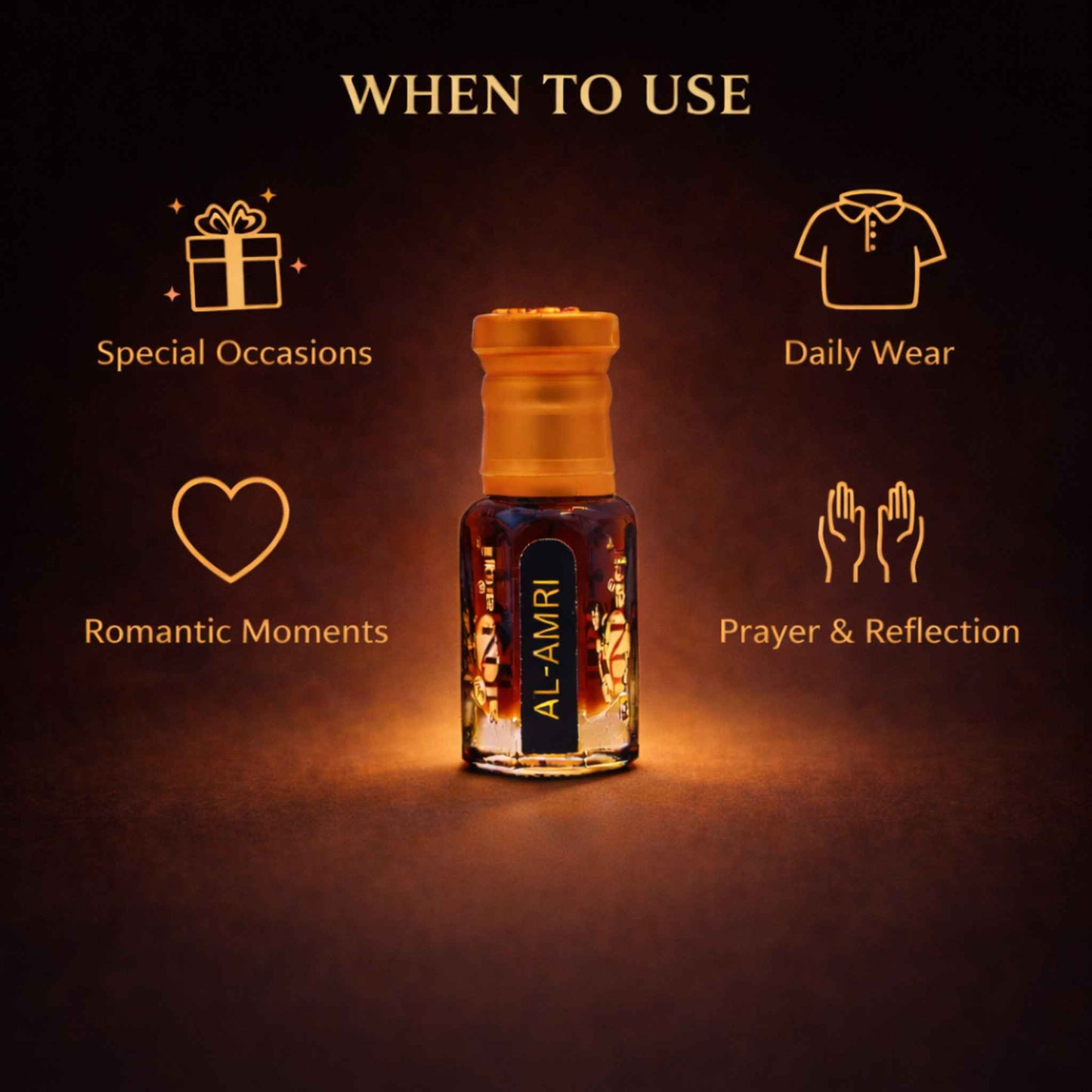 Bottle of Al-Amri with usage guidelines on a dark background