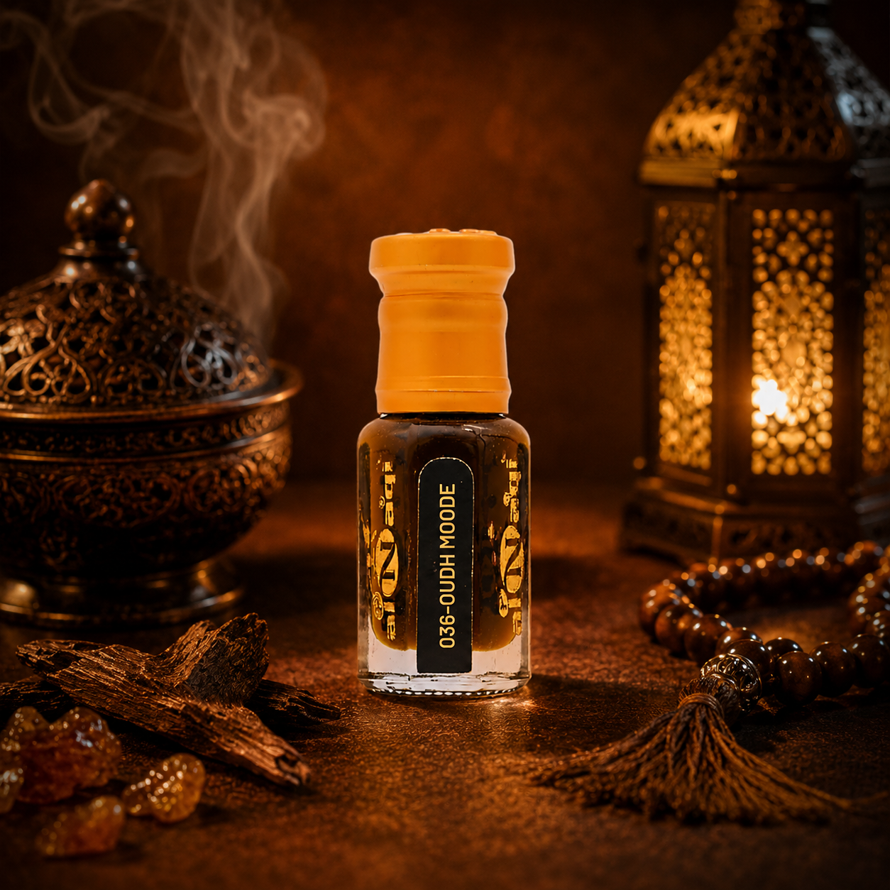 Oudh perfume bottle with oudh sticks and lantern in the background