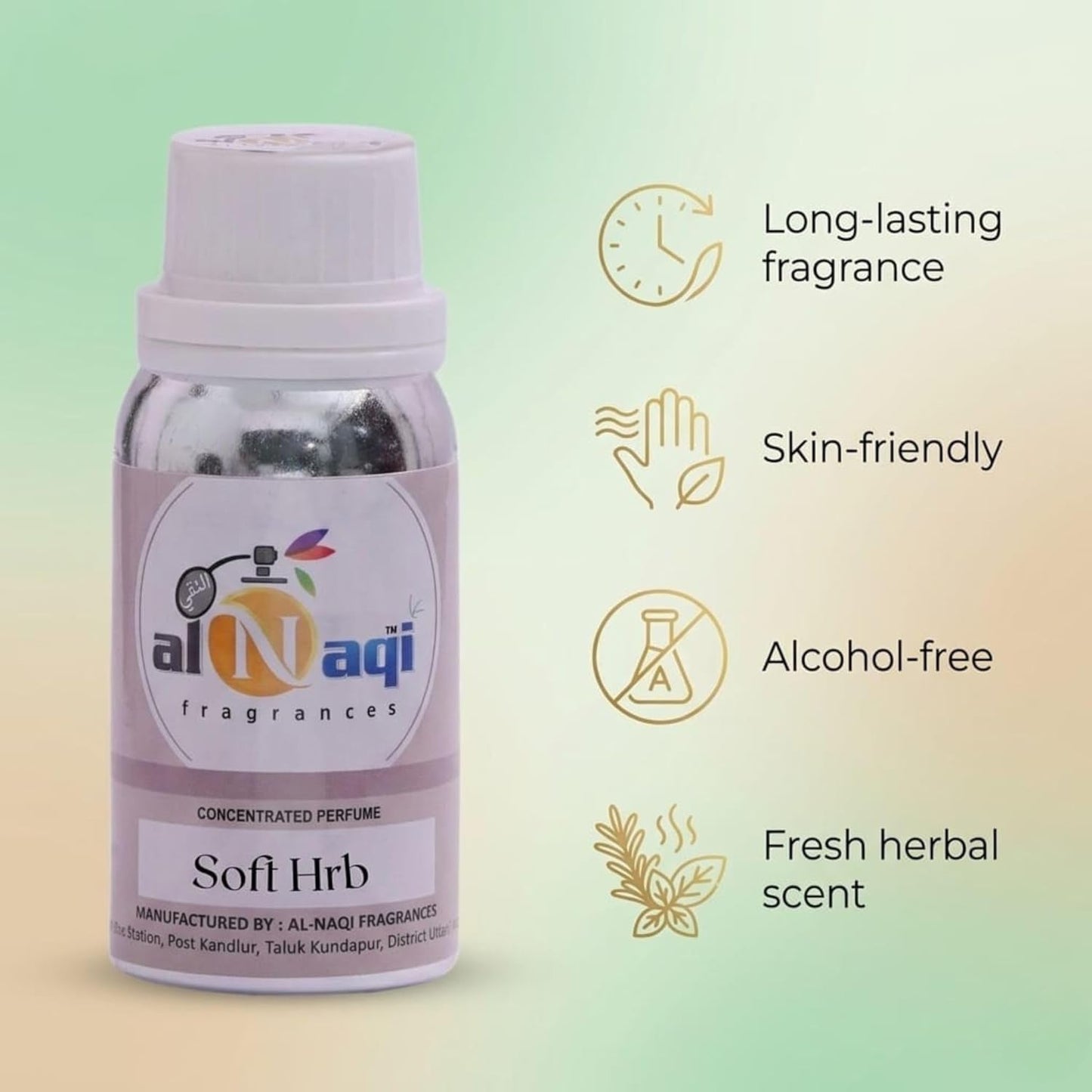 Bottle of al-Naqi fragrances with product features on a gradient background