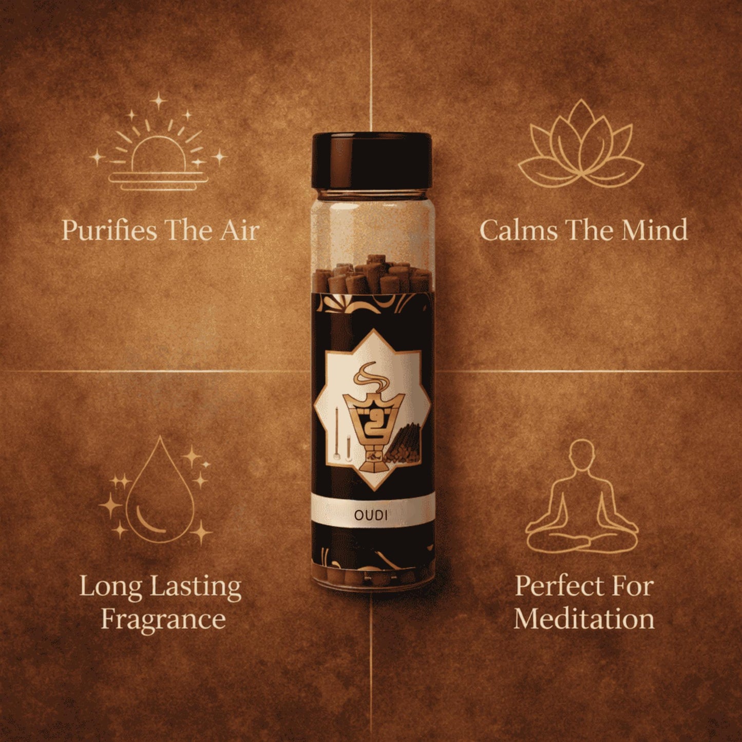 Bottle with a label on a brown background with text and symbols