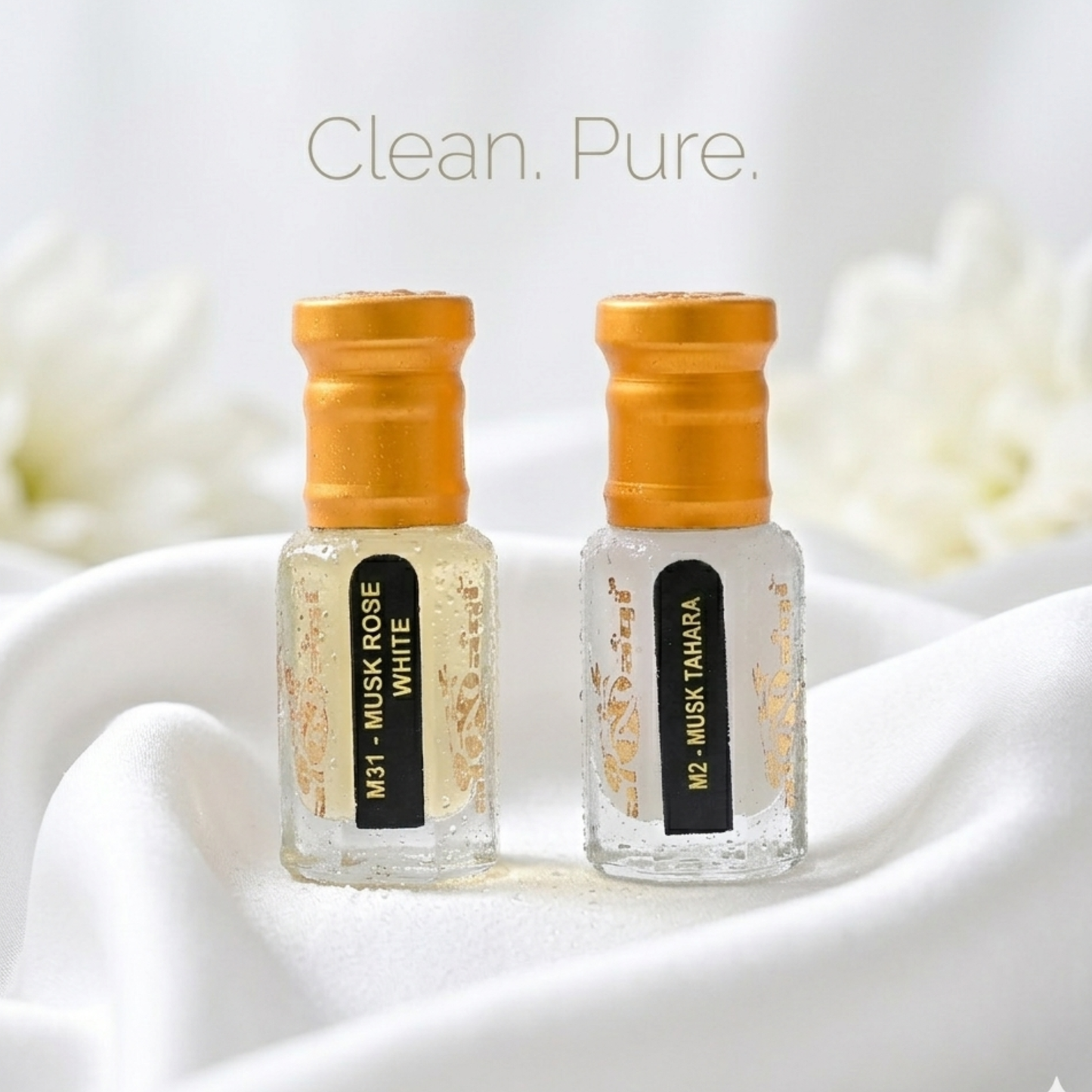 Pure clean musk attar oil in mini glass roller bottles with gold ornate label