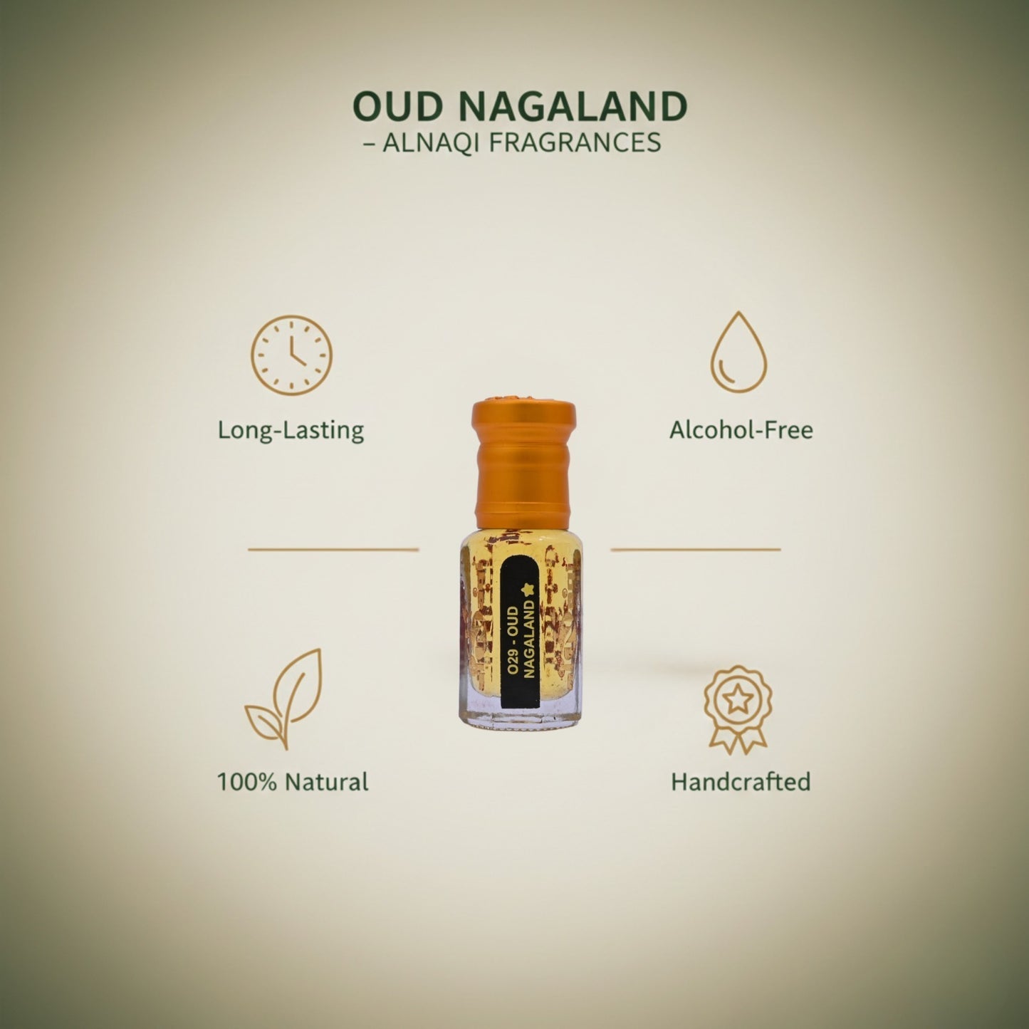 Oud Nagaland perfume bottle with features on a beige background